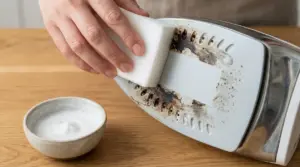 Una mano pulisce la piastra in ceramica di un ferro da stiro bruciato con una spugna e un composto bianco
