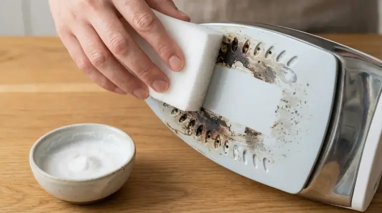 Una mano pulisce la piastra in ceramica di un ferro da stiro bruciato con una spugna e un composto bianco