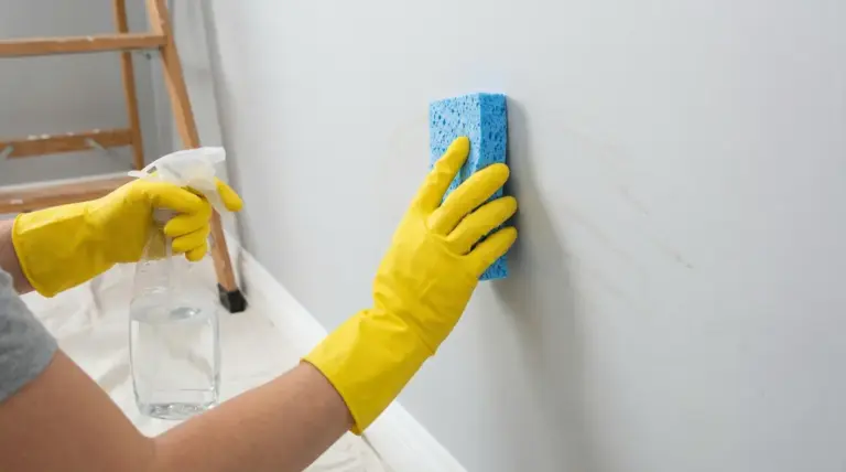 Mani con guanti gialli puliscono una parete con una spugna e uno spray
