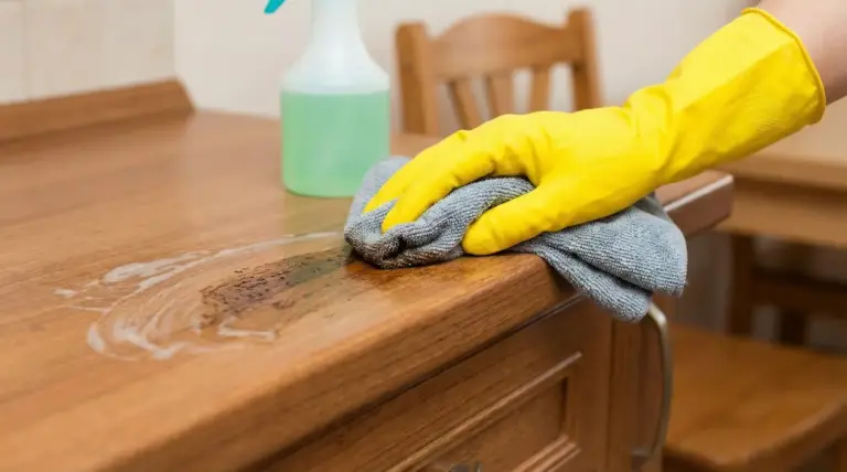 Una mano con guanto giallo pulisce una macchia ostinata su un mobile di legno con un panno