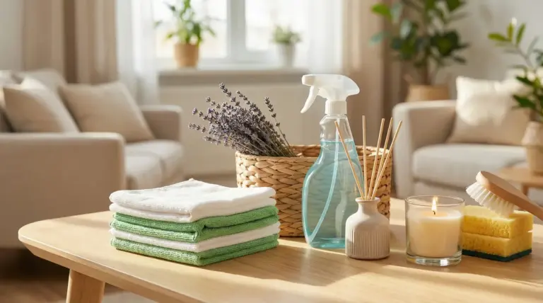 Kit per la pulizia con spray, candele profumate e panni in una stanza luminosa