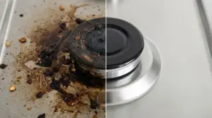 Bruciatore da cucina prima e dopo la pulizia, metà sporco e metà perfettamente pulito