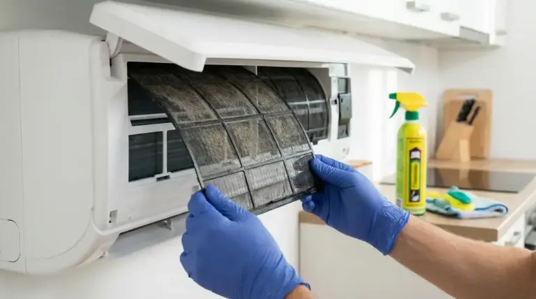 Una persona con guanti rimuove il filtro sporco da un condizionatore domestico