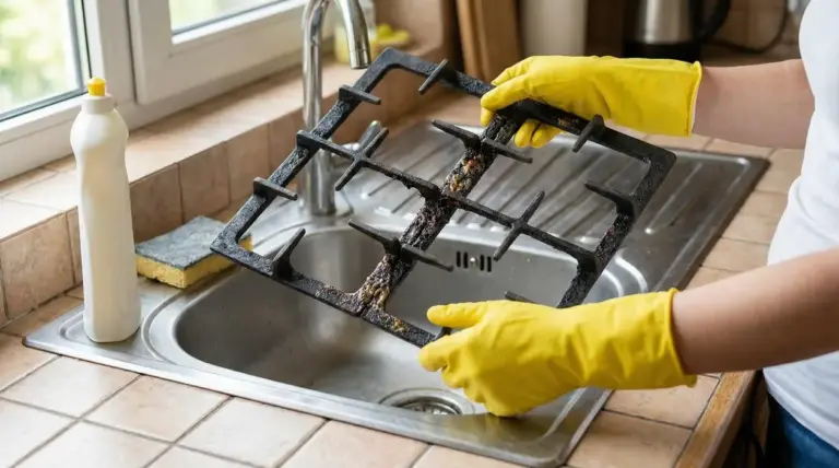 Persona con guanti gialli che pulisce una griglia del piano cottura nel lavandino