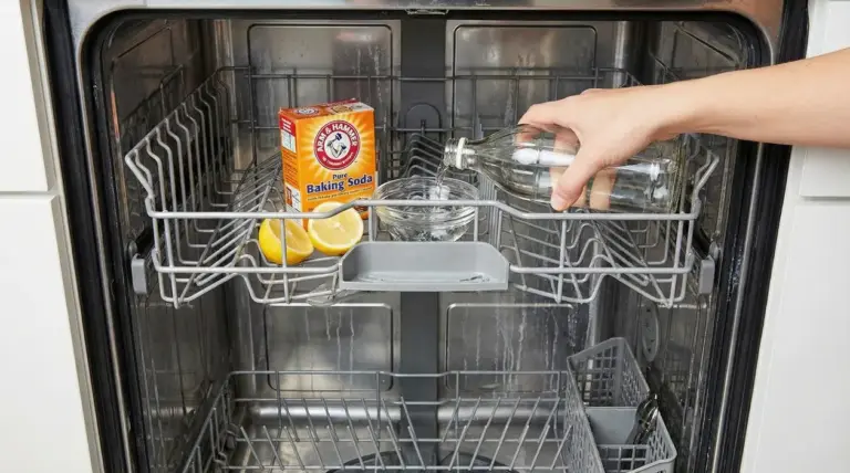 Una mano versa aceto in una ciotola all'interno di una lavastoviglie con limoni e bicarbonato