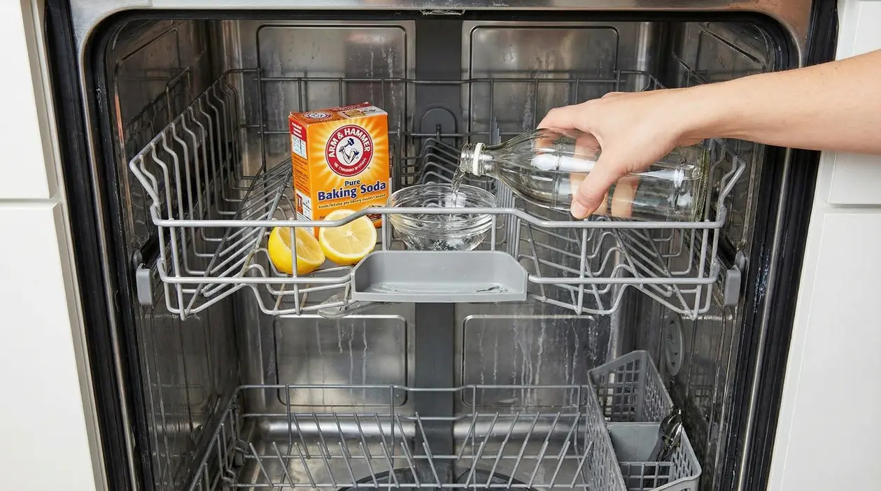 Una mano versa aceto in una ciotola all'interno di una lavastoviglie con limoni e bicarbonato