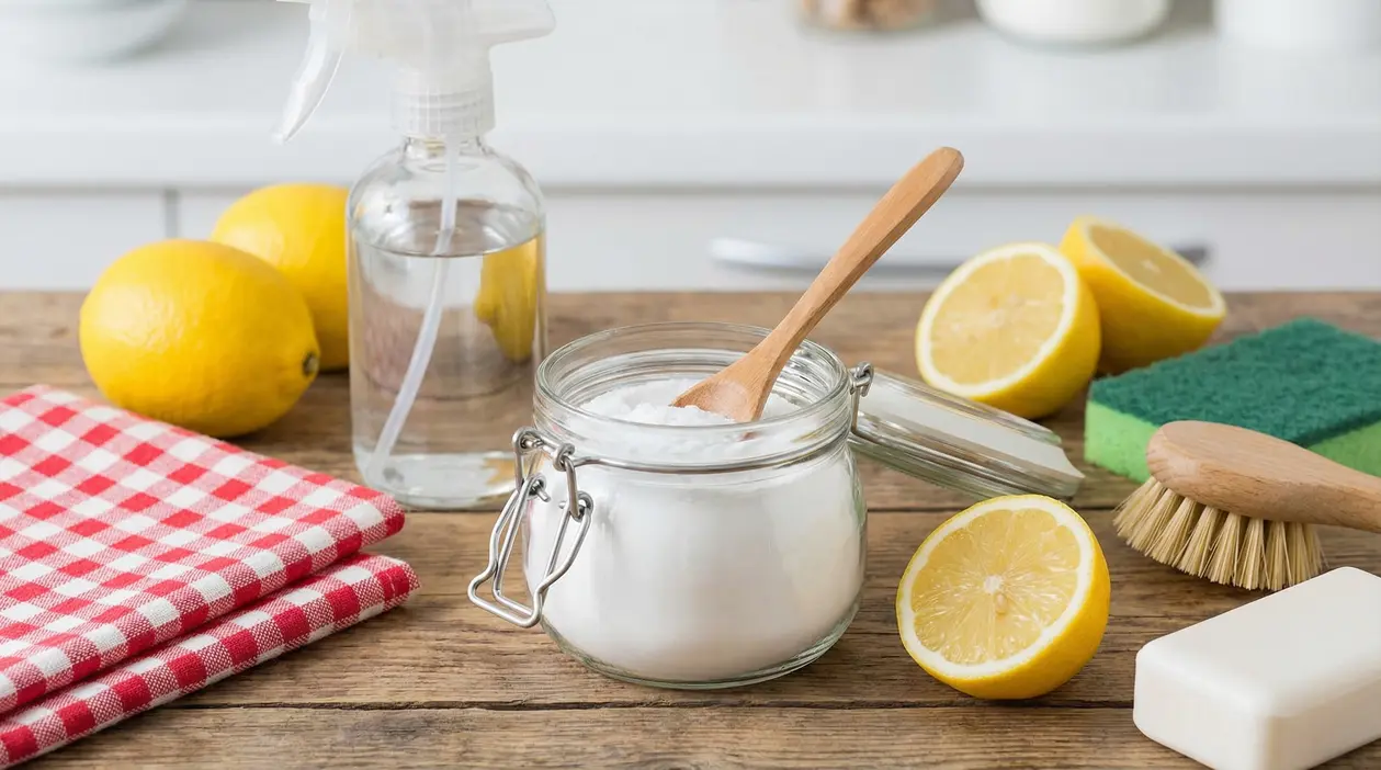 Ingredienti naturali per la pulizia della casa su un tavolo di legno.