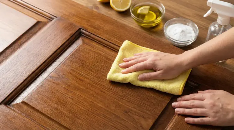 Una persona pulisce una porta in legno con un panno giallo e ingredienti naturali sul tavolo