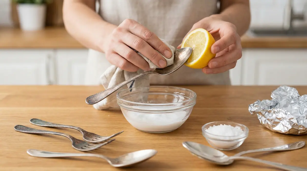 Una persona pulisce una posata ossidata con limone e bicarbonato su un tavolo di legno