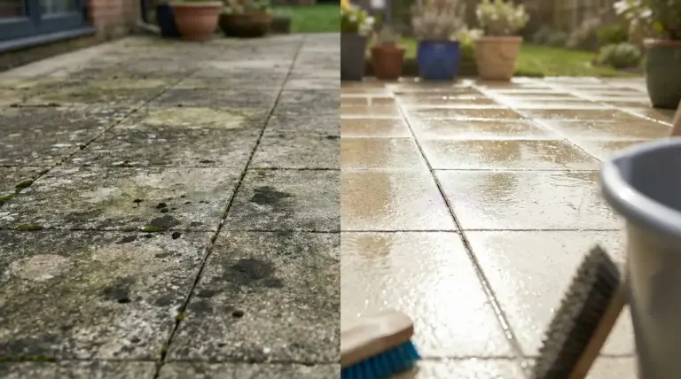 Prima e dopo la pulizia di pavimento esterno con piastrelle, visibile il cambiamento netto