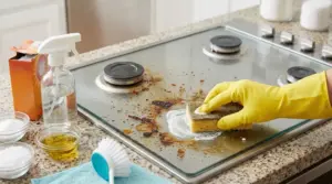 Pulizia di un piano cottura incrostato con una spugna e ingredienti da dispensa