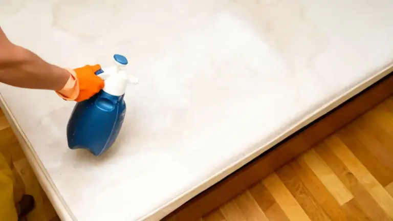 Una persona pulisce a fondo un materasso con uno spruzzatore su un pavimento in legno