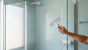 Mano che pulisce il vetro della doccia con tergivetro in un bagno moderno