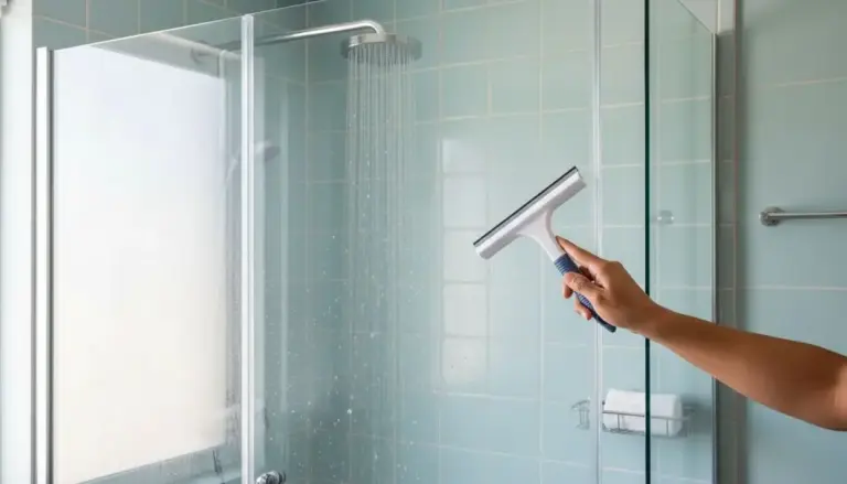 Mano che pulisce il vetro della doccia con tergivetro in un bagno moderno