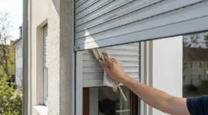 Una persona pulisce una tapparella con una spazzola e un panno