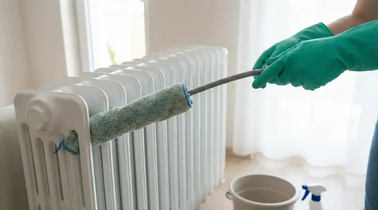 Persona con guanti pulisce un termosifone con uno scovolo flessibile