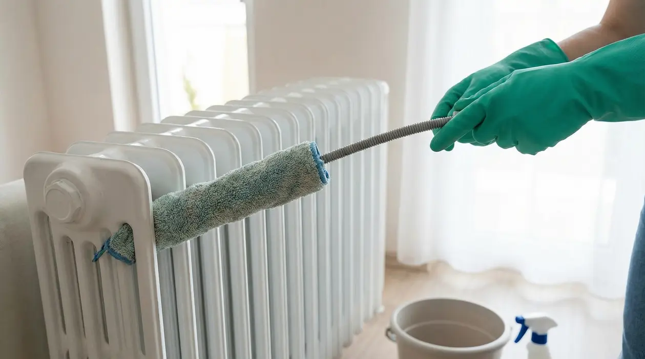 Persona con guanti pulisce un termosifone con uno scovolo flessibile