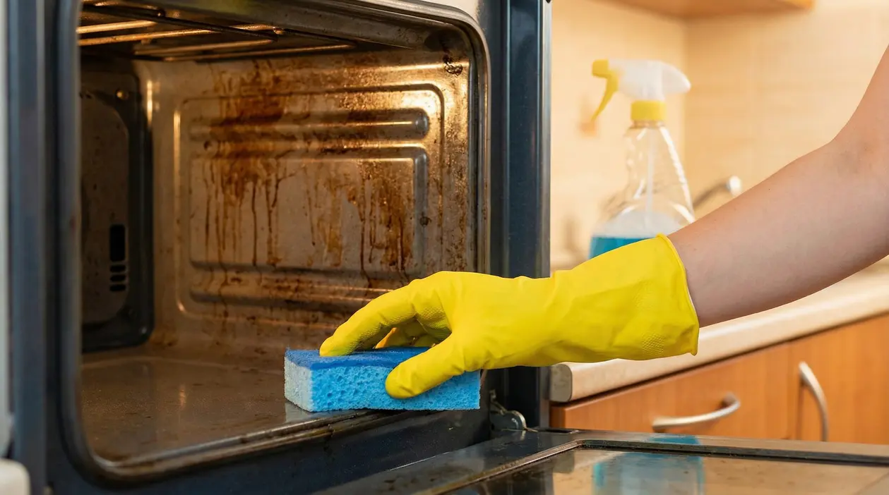 Mano con guanto giallo pulisce un forno incrostato con una spugna blu