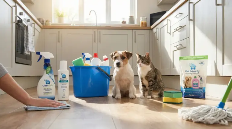 Cane e gatto in cucina accanto a detergenti sicuri per animali domestici