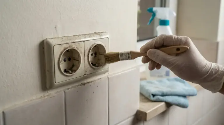 Una mano con guanto pulisce una presa elettrica sporca con un pennello