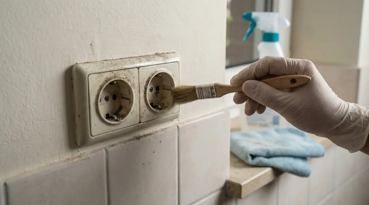 Una mano con guanto pulisce una presa elettrica sporca con un pennello