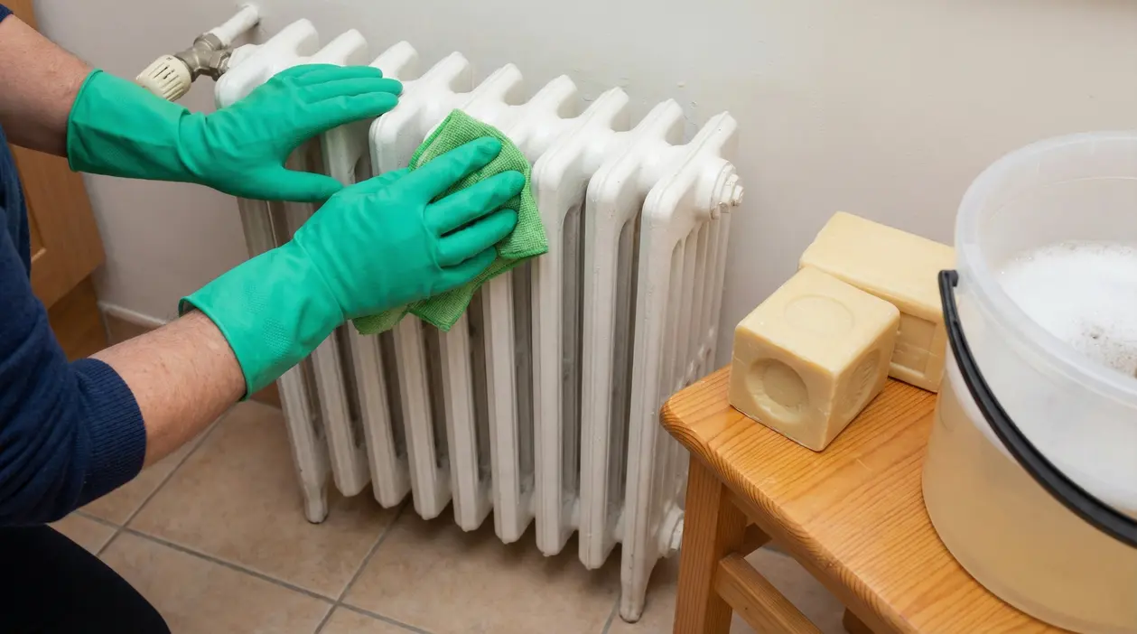 Persona pulisce un termosifone bianco con panno verde e guanti, accanto a sapone di Marsiglia e secchio con acqua saponata