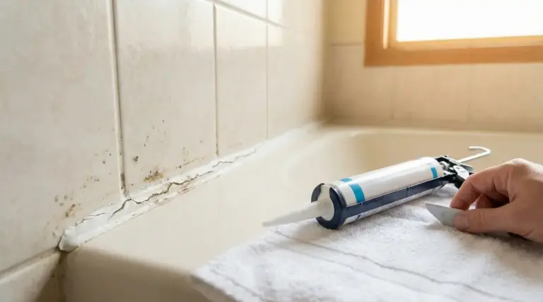 Silicone deteriorato nella giunzione tra vasca da bagno e piastrelle, con pistola sigillante su un asciugamano