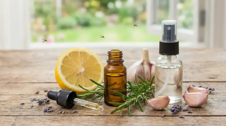 Ingredienti naturali come limone, aglio e oli essenziali su un tavolo con alcune zanzare in volo