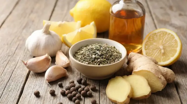 Ingredienti naturali come aglio, limone, zenzero, erbe aromatiche e olio su un tavolo di legno
