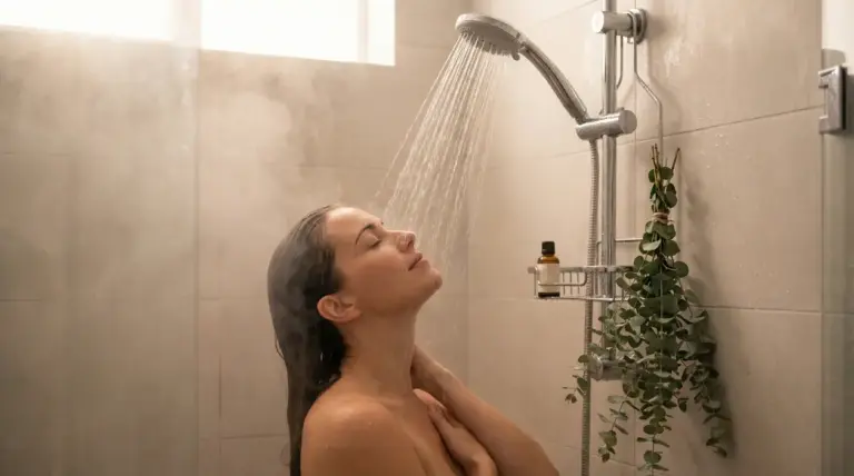 Persona sotto la doccia con vapore, accanto a un mazzetto di eucalipto appeso e una boccetta di olio essenziale.