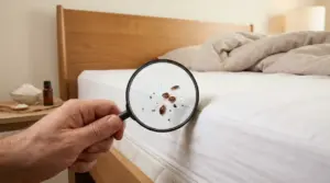 Cimici del letto su un materasso osservate con lente d'ingrandimento