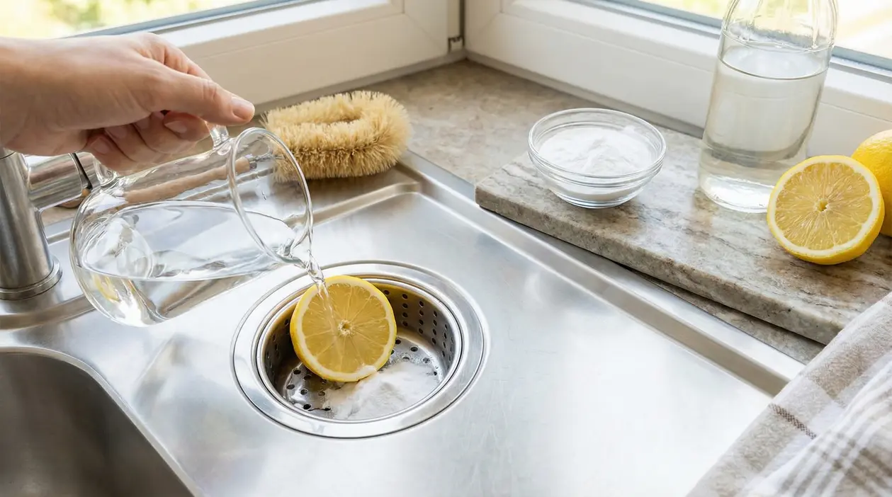 Una mano versa acqua in un lavello con mezzo limone e bicarbonato nello scarico