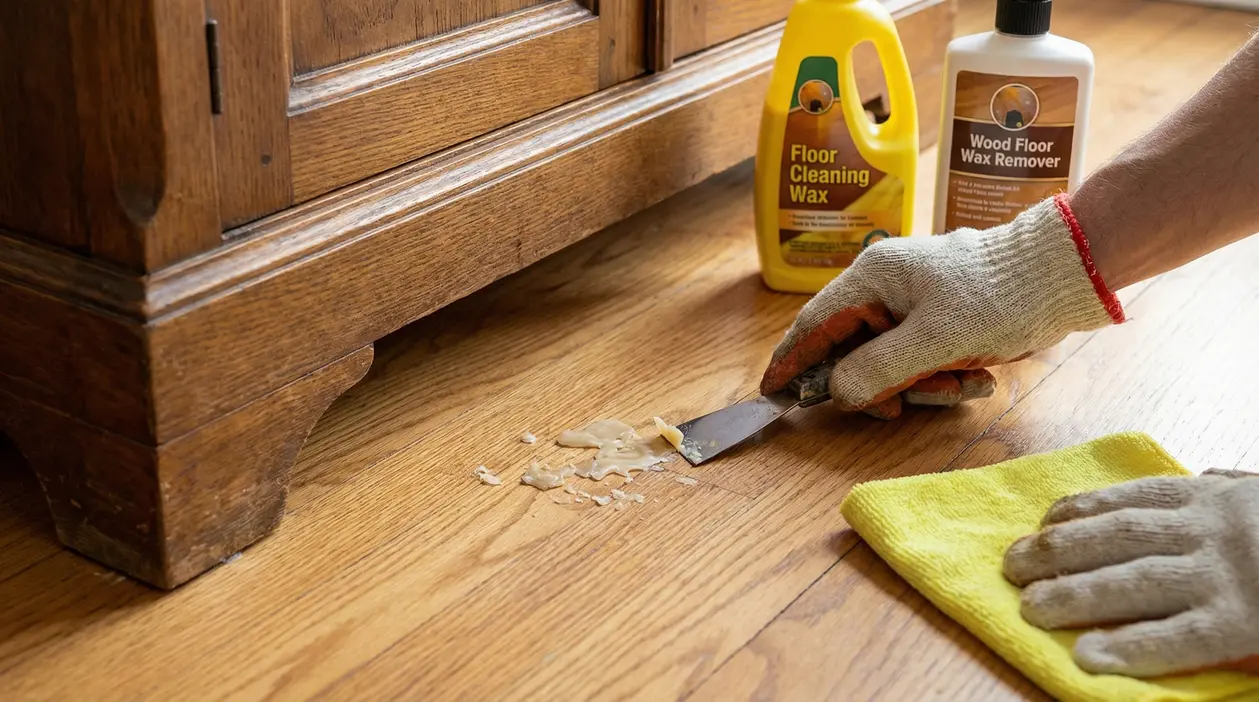 Una mano con guanto rimuove della cera da un pavimento in legno con una spatola