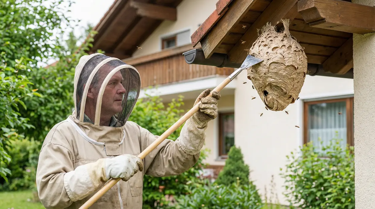 Persona in tuta protettiva rimuove un nido di vespe dal tetto di una casa