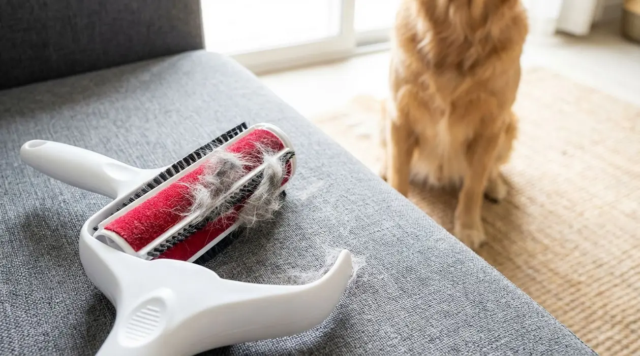 Spazzola piena di peli su un divano con un cane sullo sfondo