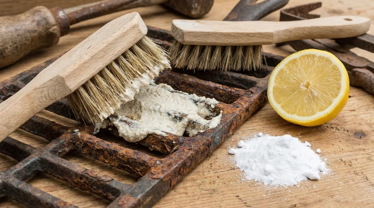 Griglia arrugginita con spazzole, limone e bicarbonato per la pulizia naturale del ferro