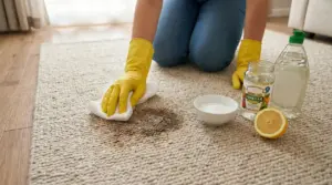 Persona pulisce una macchia su un tappeto con guanti e prodotti naturali come limone, aceto e bicarbonato.