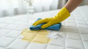 Mano con guanto giallo che pulisce una macchia gialla su un materasso con un panno blu