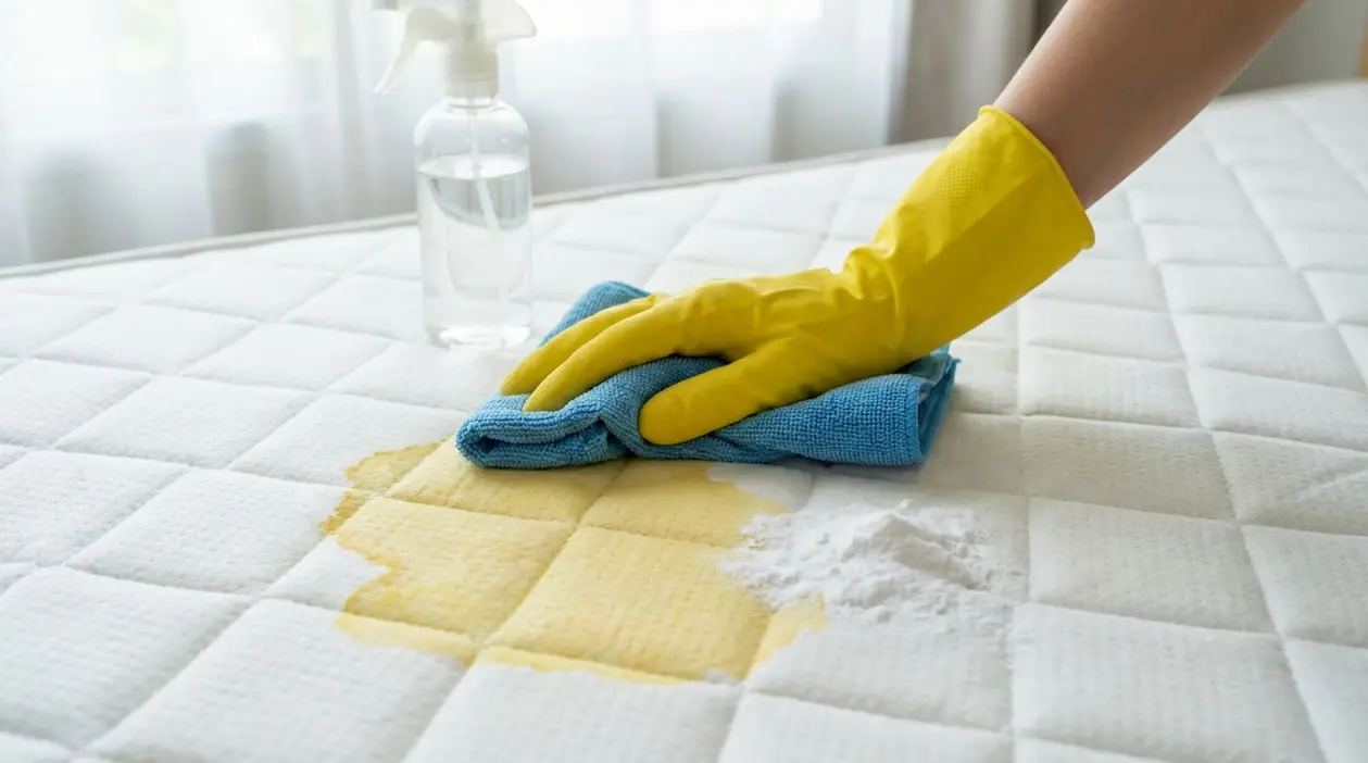 Mano con guanto giallo che pulisce una macchia gialla su un materasso con un panno blu