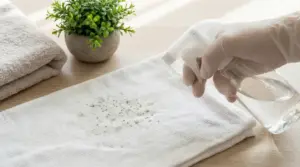 Mano con guanto spruzza soluzione su tessuto con macchie di muffa su tavolo di legno