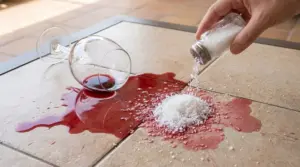 Macchia di vino rosso su pavimento in piastrelle con persona che versa sale sopra