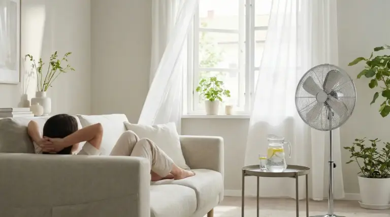 Persona rilassata su un divano vicino a un ventilatore in una stanza luminosa con piante e finestre aperte