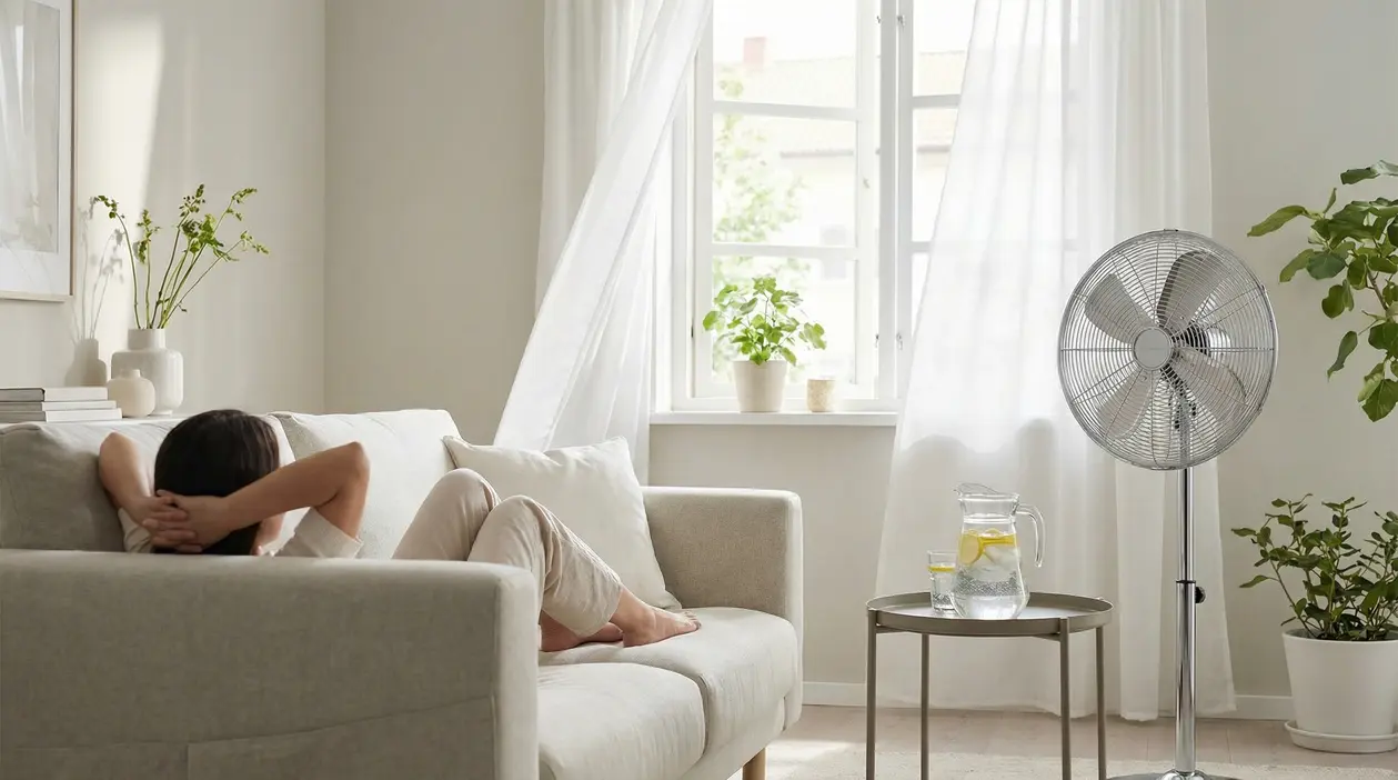 Persona rilassata su un divano vicino a un ventilatore in una stanza luminosa con piante e finestre aperte