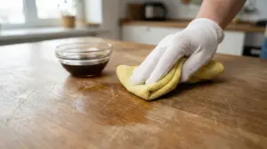 Mano con guanto pulisce un mobile in legno graffiato con un panno giallo