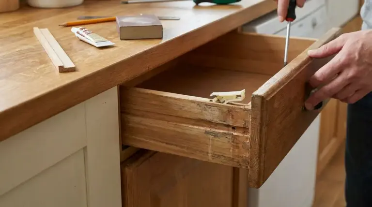 Una persona ripara un cassetto di legno incastrato con un cacciavite