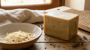 Sapone di Marsiglia solido accanto a scaglie in una ciotola su un tavolo di legno