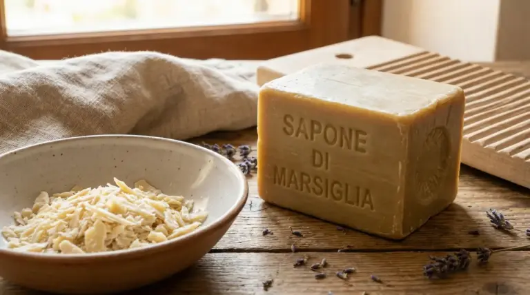 Sapone di Marsiglia solido accanto a scaglie in una ciotola su un tavolo di legno