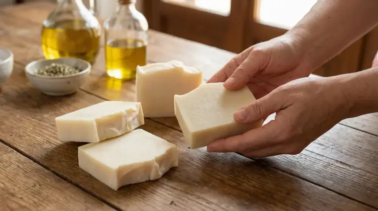 Mani che tengono una saponetta fatta in casa su un tavolo di legno con ingredienti naturali