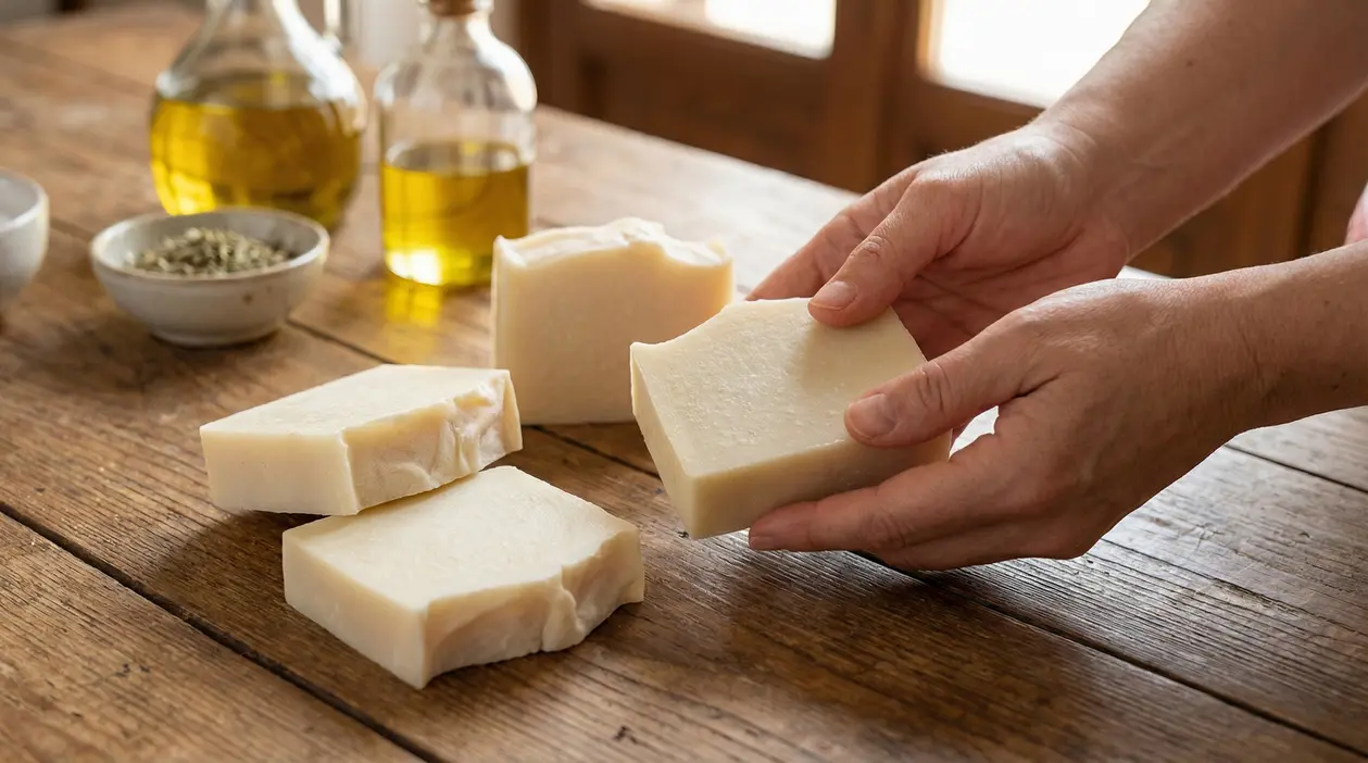 Mani che tengono una saponetta fatta in casa su un tavolo di legno con ingredienti naturali