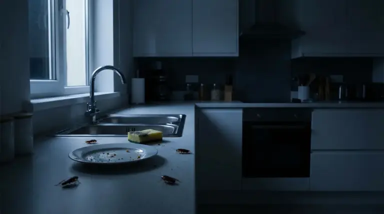 Scarafaggi su un piano cucina vicino a un piatto sporco di briciole in una stanza poco illuminata.